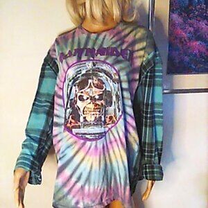 Iron Maiden Tie Dye & Flannel Shirt Upcycled OS Reworked Street Wear Colorful